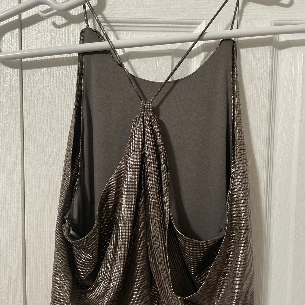 Halston Women’s Hi low Drape Metallic Gunmetal Racer back Midi dress size 8 - Picture 7 of 16